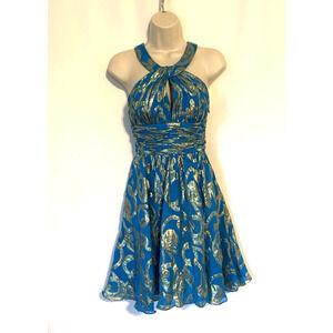 Cache Silk Chiffon Dress 2 Blue Gold Floral Fit & Flare Cocktail Evening Party
